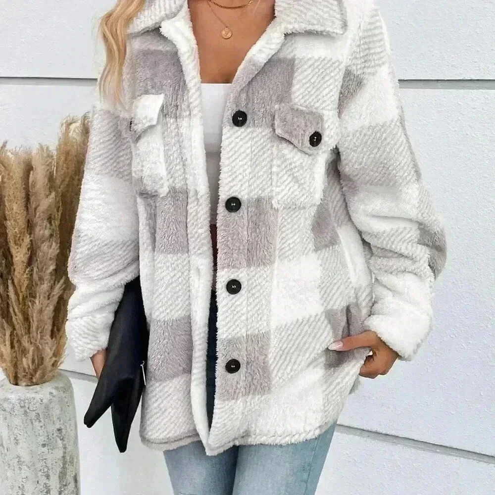 Light Grey Casual Women's Buffalo Plaid Print Drop Shoulder Flap Pocket Coat - Picture 4 of 5